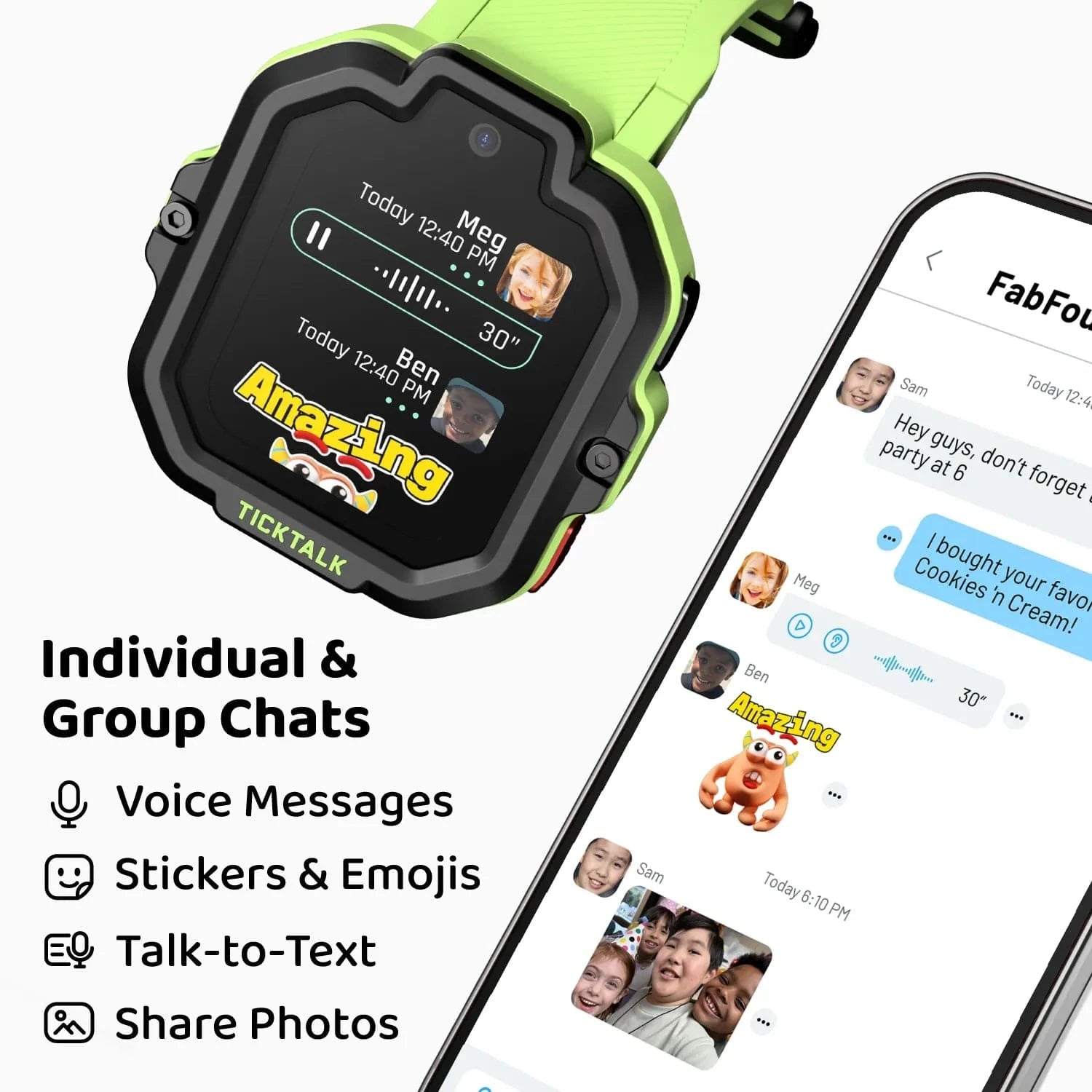 TickTalk 5 Smartwatch in Green Group Chat Features – Voice Messages, Emojis, Talk-to-Text #green