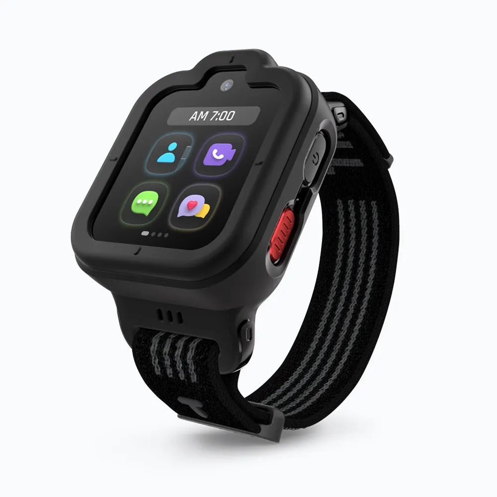 Black TickTalk 6 protective case fitted on a kids GPS watch with a black band.