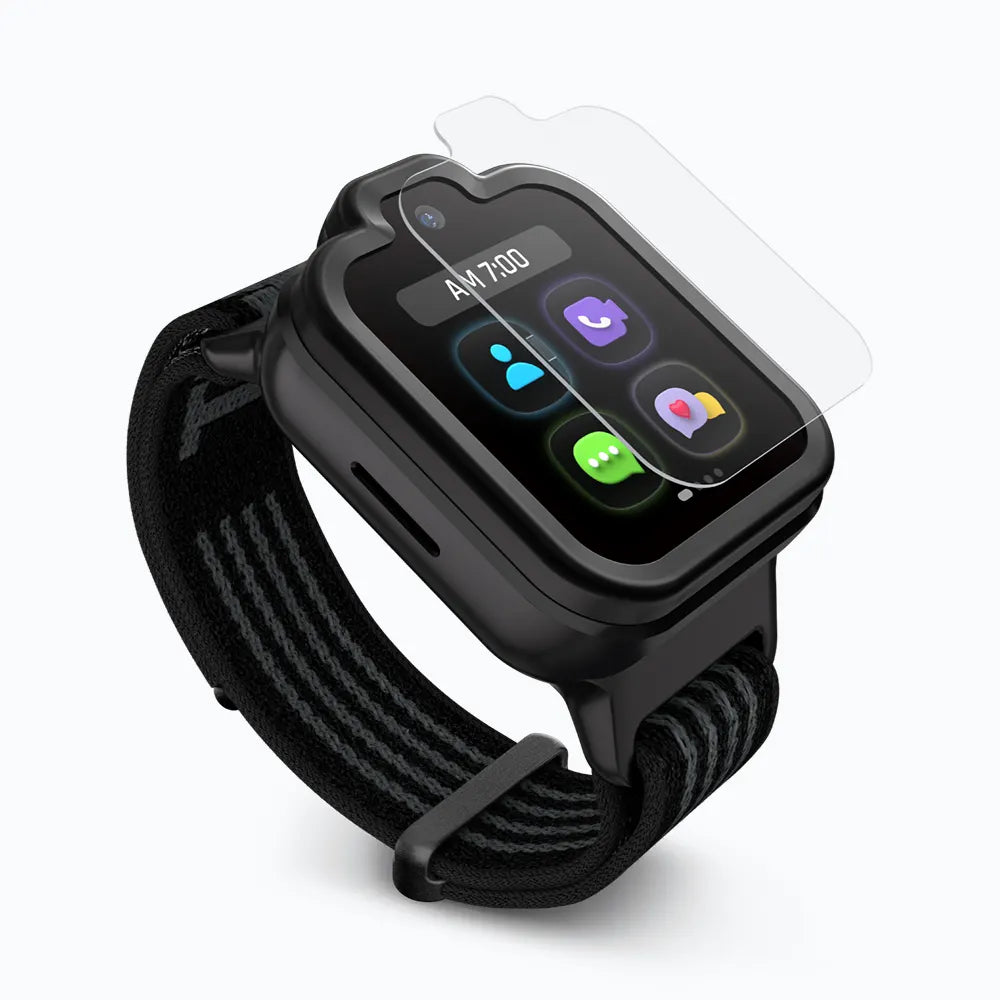 A black TickTalk 6 smartwatch with a black woven strap, shown at an angle with a clear tampered glass screen protector protective screen film partially lifted at the top