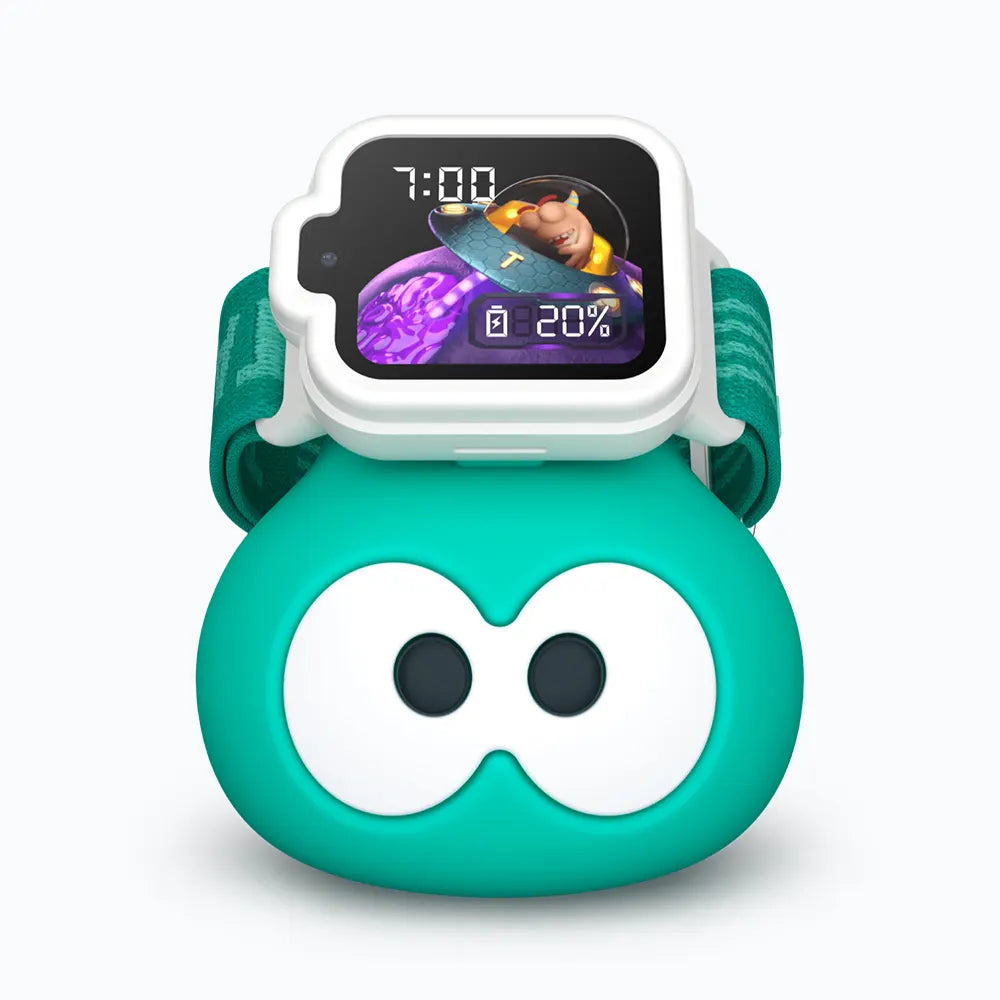 TickTalk 6 teal Power Base charging stand holding a Lunar White kids smartwatch with a teal band, front view.