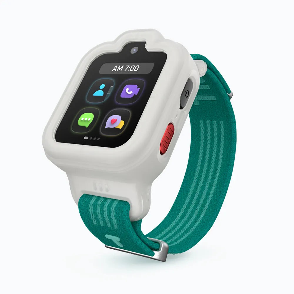 White TickTalk 6 protective case fitted on a kids GPS watch with a teal band.