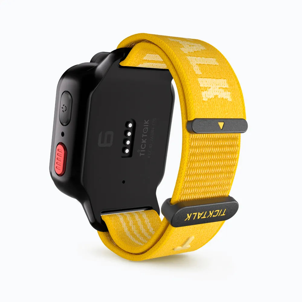 Sunshine Yellow TickTalk 6 replacement wristband on a black smartwatch, rear view.