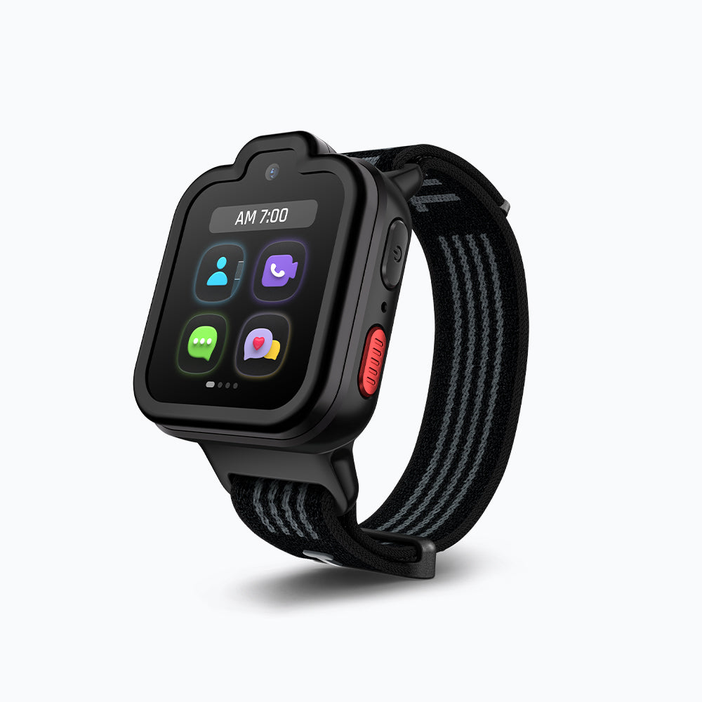Orbit Black TickTalk 6 kids GPS smartwatch with a black band, three-quarter view.