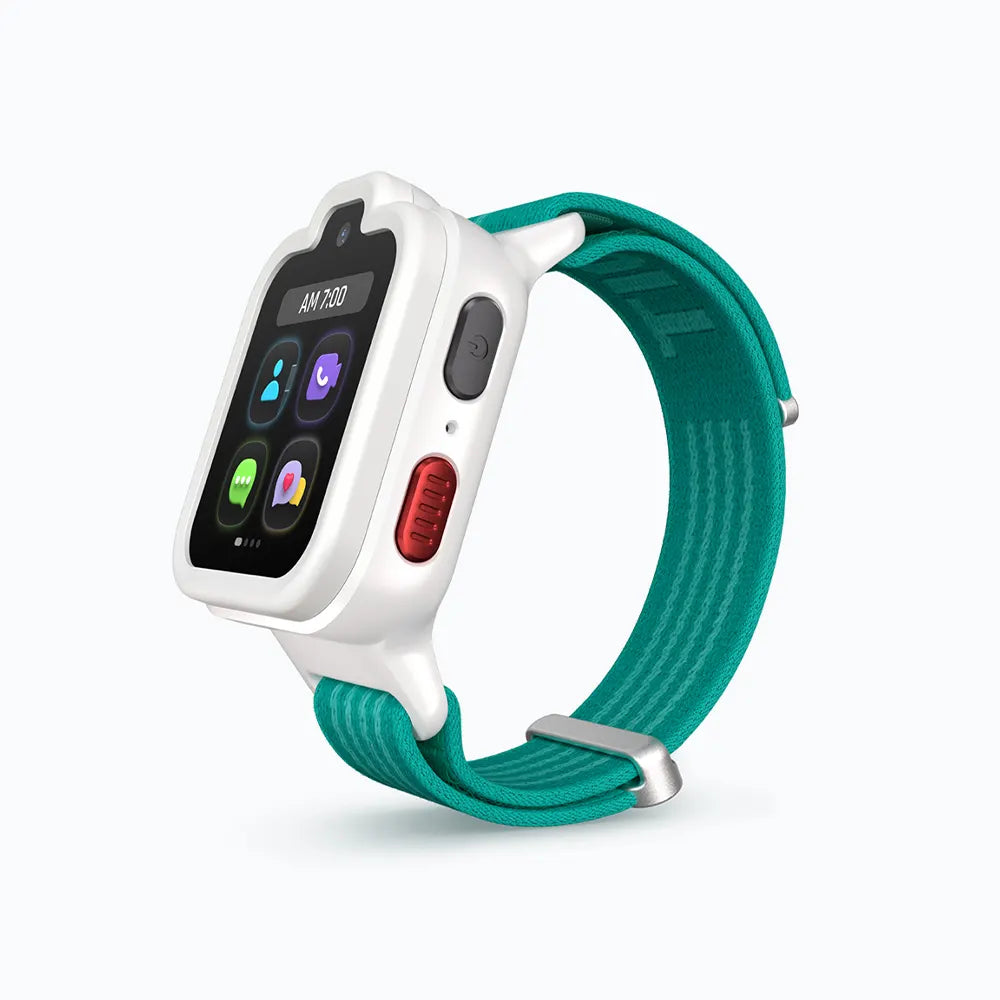 Lunar White TickTalk 6 kids GPS smartwatch with a teal band, three-quarter view.
