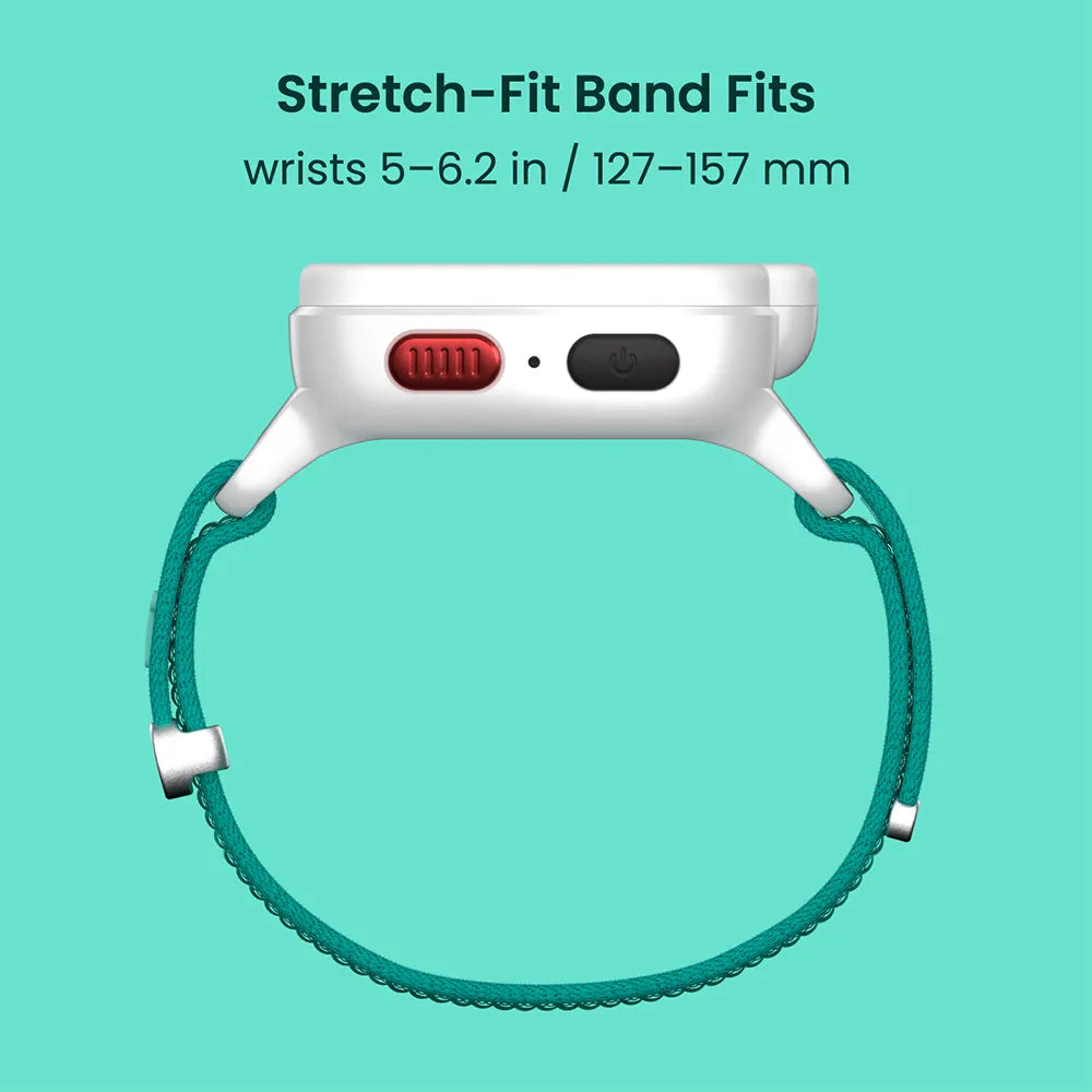 Lunar White TickTalk 6 kids smartwatch with a stretch-fit band for wrists 5 to 6.2 inches.