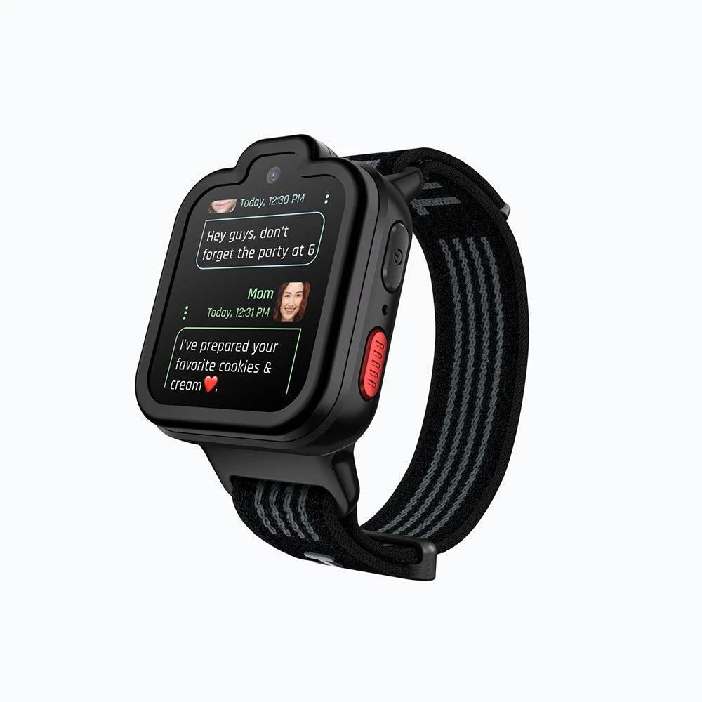 Black TickTalk 6 kids smartwatch displaying a family group chat.