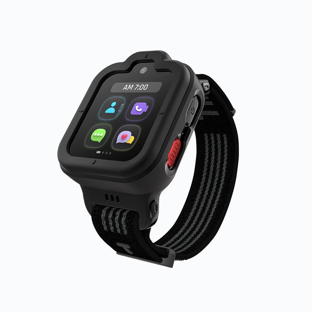 Black TickTalk 6 protective case installed on a kids smartwatch.
