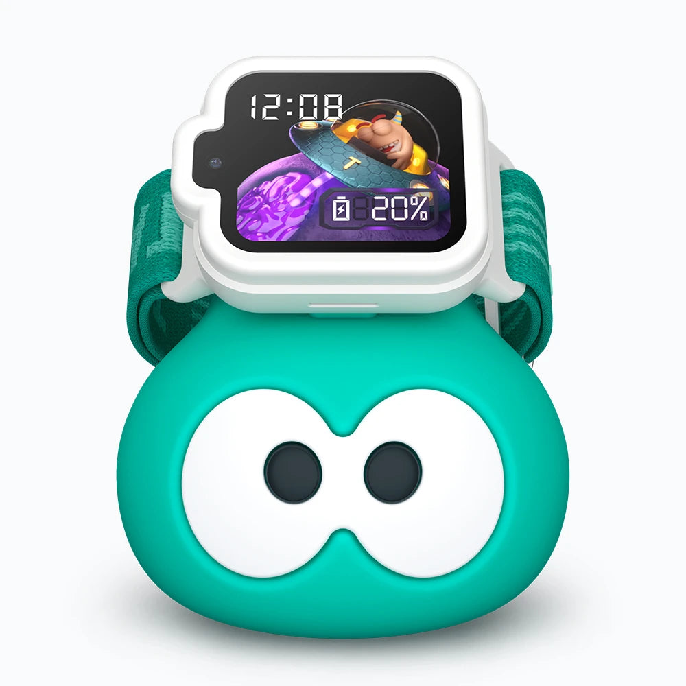 TickTalk 6 kids smartwatch on its green charging dock, front view.