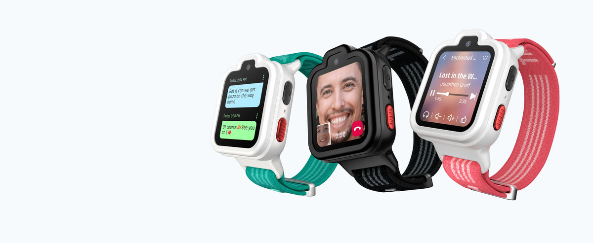 Three TickTalk 6 kids GPS smartwatches displaying real text messages, FaceTalk video calling, and TickTalk Radio.