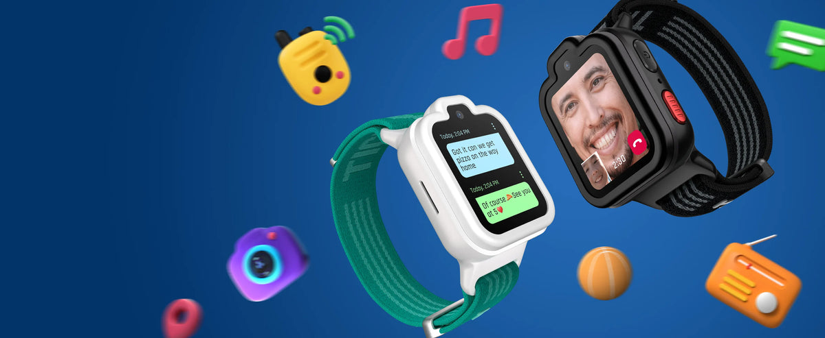 Three TickTalk 6 kids GPS smartwatches displaying real text messages, FaceTalk video calling, and TickTalk Radio.