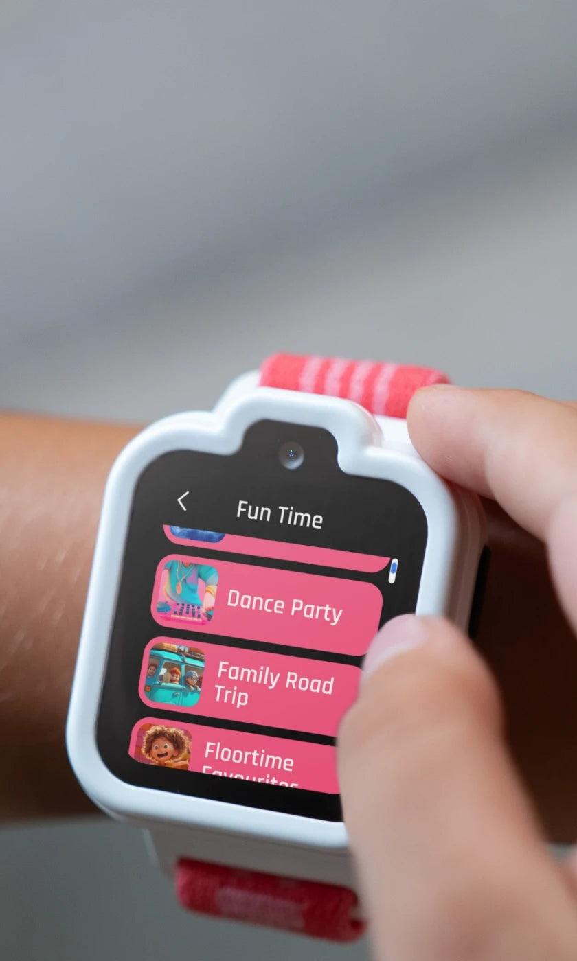 Child selecting a music playlist on a TickTalk 6 smartwatch