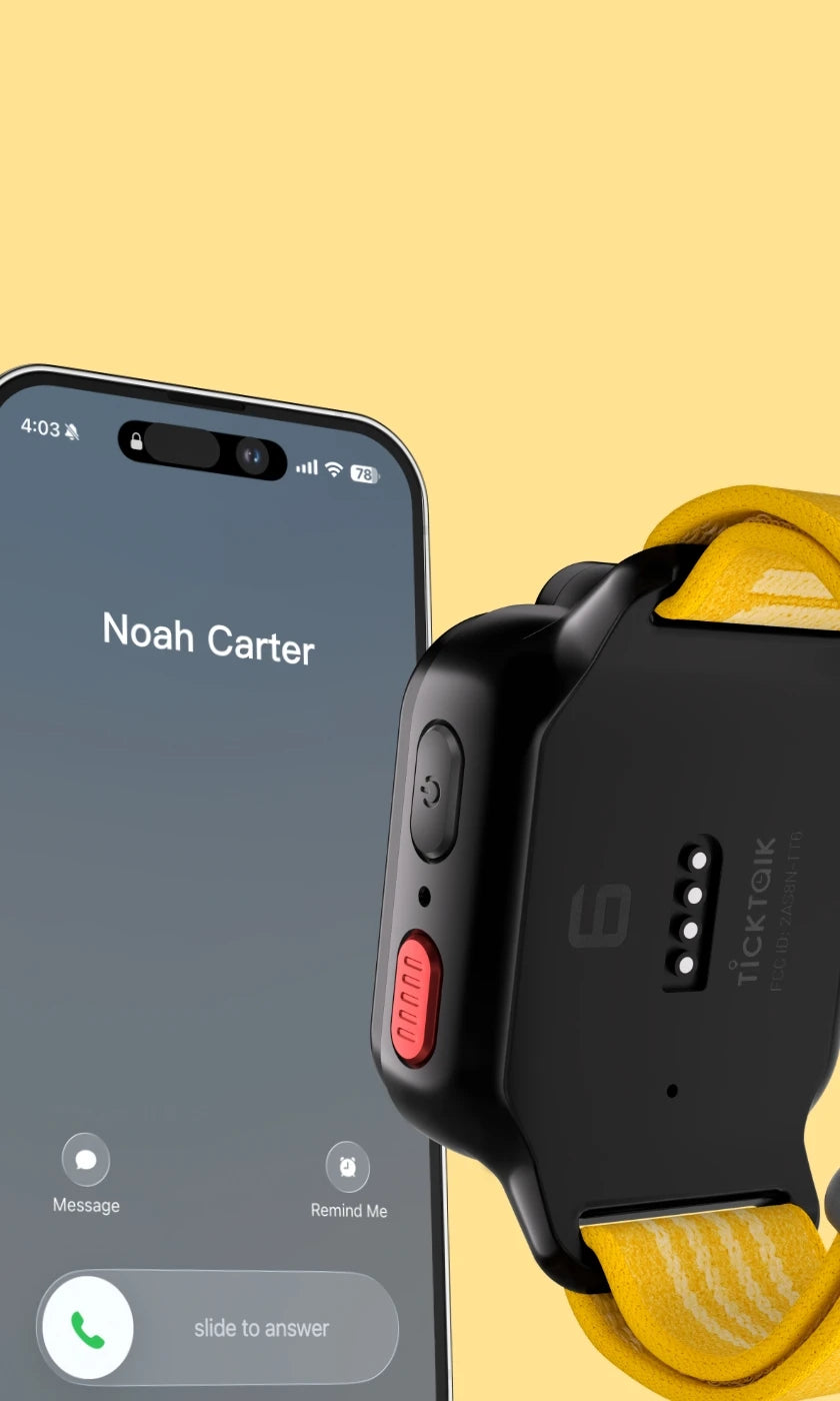 Phone showing a voice call beside a black TickTalk 6 smartwatch for Remote Answer