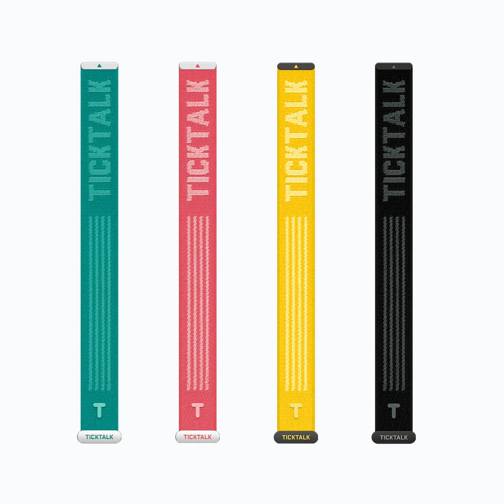 TickTalk 6 replacement watch bands in green, pink, yellow, and black.