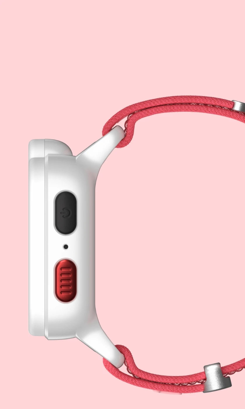 Side view of a white TickTalk 6 smartwatch with a pink band