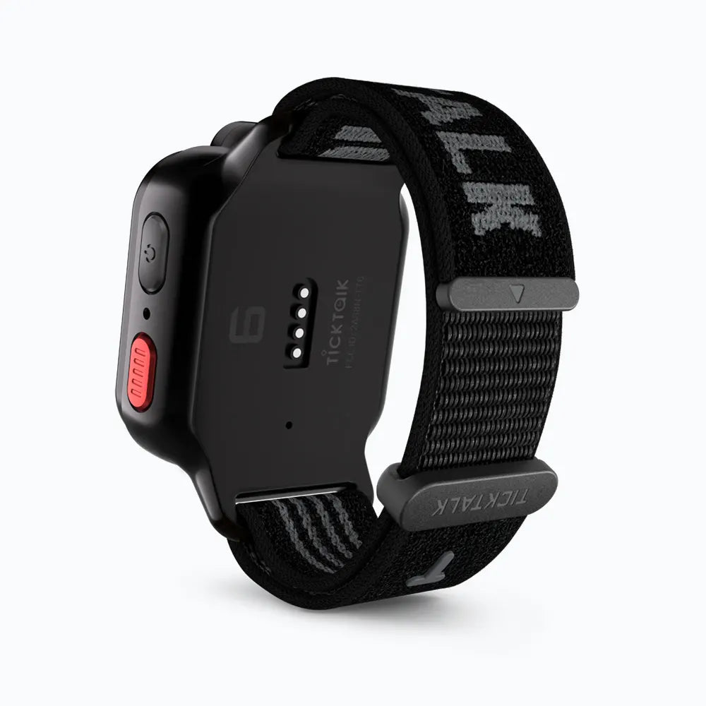 Black Sand TickTalk 6 replacement wristband on a black smartwatch, rear view. 