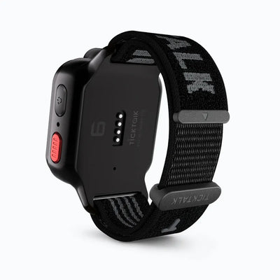 Black Sand TickTalk 6 replacement wristband on a black smartwatch, rear view. 