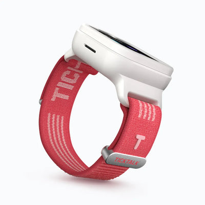 Coral Pink TickTalk 6 replacement wristband on a white smartwatch, side view. 