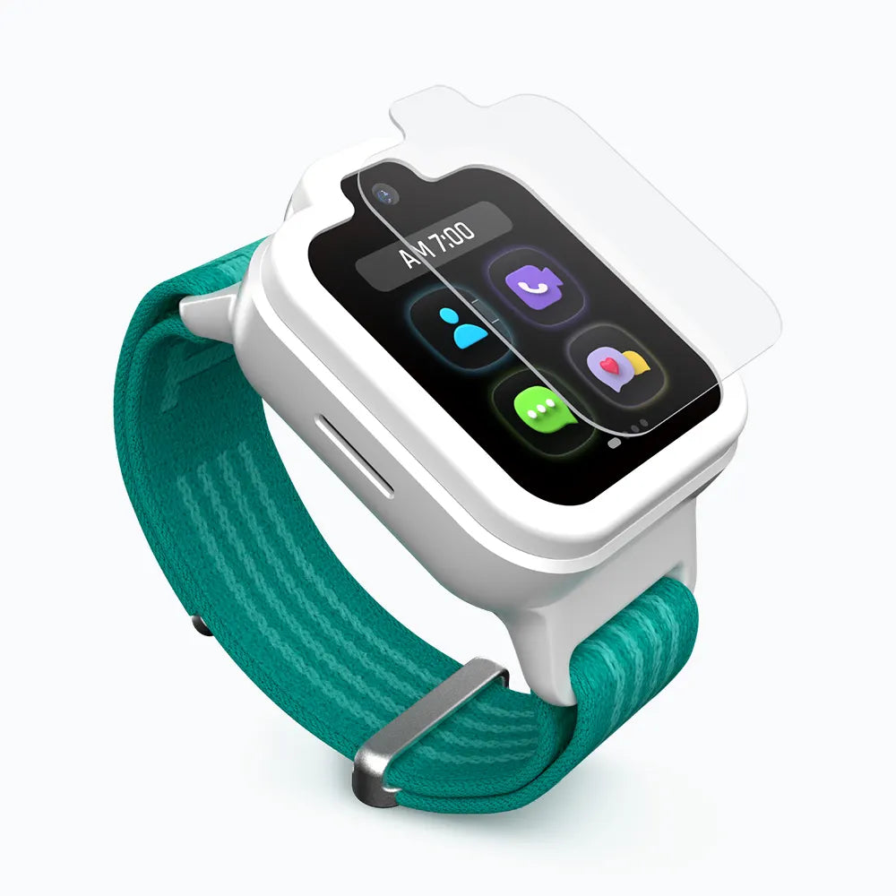 A white TickTalk 6 smartwatch with a teal woven strap, shown at an angle with a clear tampered glass screen protector protective screen film partially lifted at the top