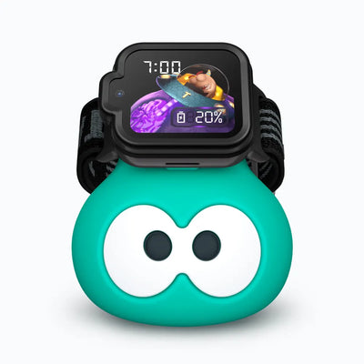 TickTalk 6 teal Power Base charging stand holding an Orbit Black kids smartwatch with a black band, front view.