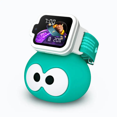 TickTalk 6 teal Power Base charging stand holding a Lunar White kids smartwatch with a teal band, angled view.