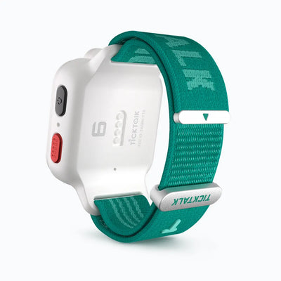 Pacific Teal TickTalk 6 replacement wristband on a white smartwatch, rear view. 