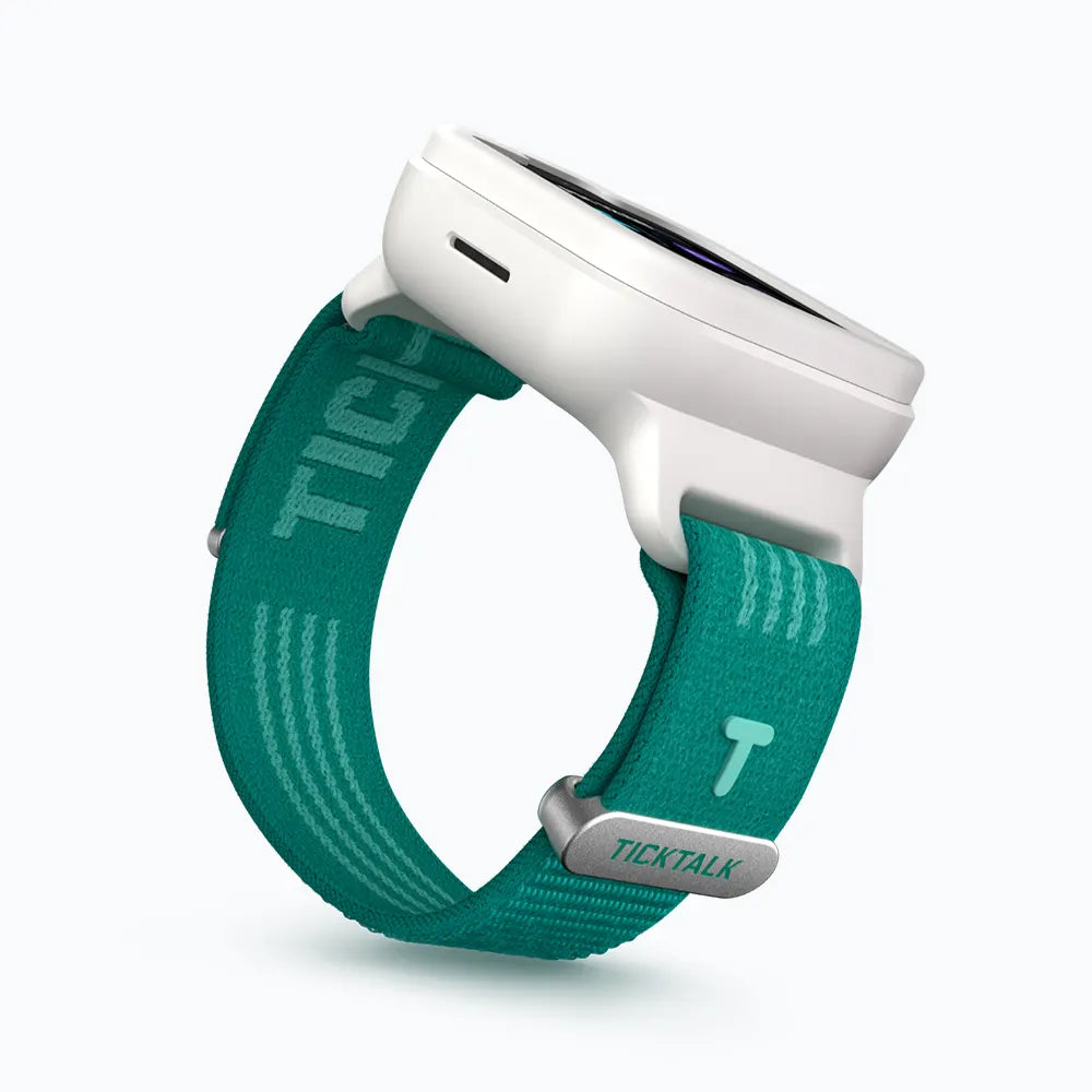 Pacific Teal TickTalk 6 replacement wristband on a white smartwatch, side view. 
