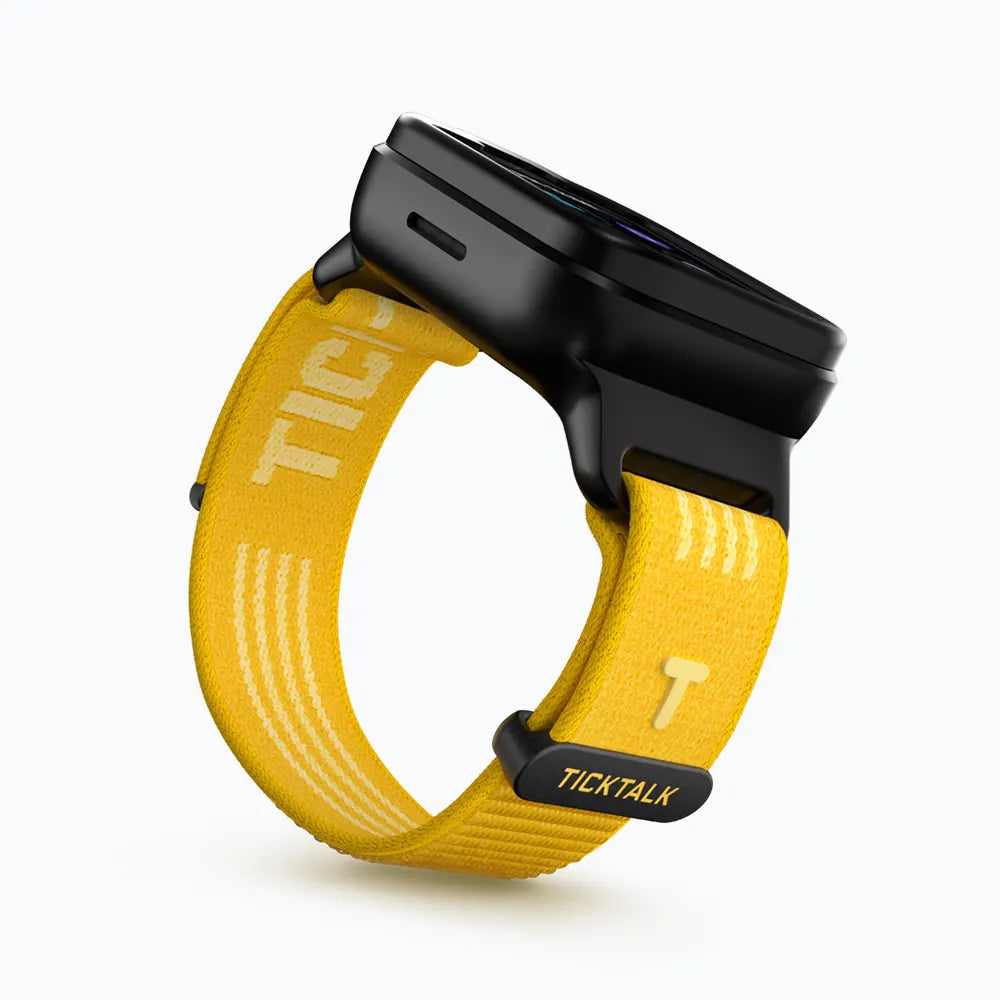 Sunshine Yellow TickTalk 6 replacement wristband on a black smartwatch, side view. 