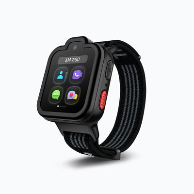 Orbit Black TickTalk 6 kids GPS smartwatch with a black band, three-quarter view. 