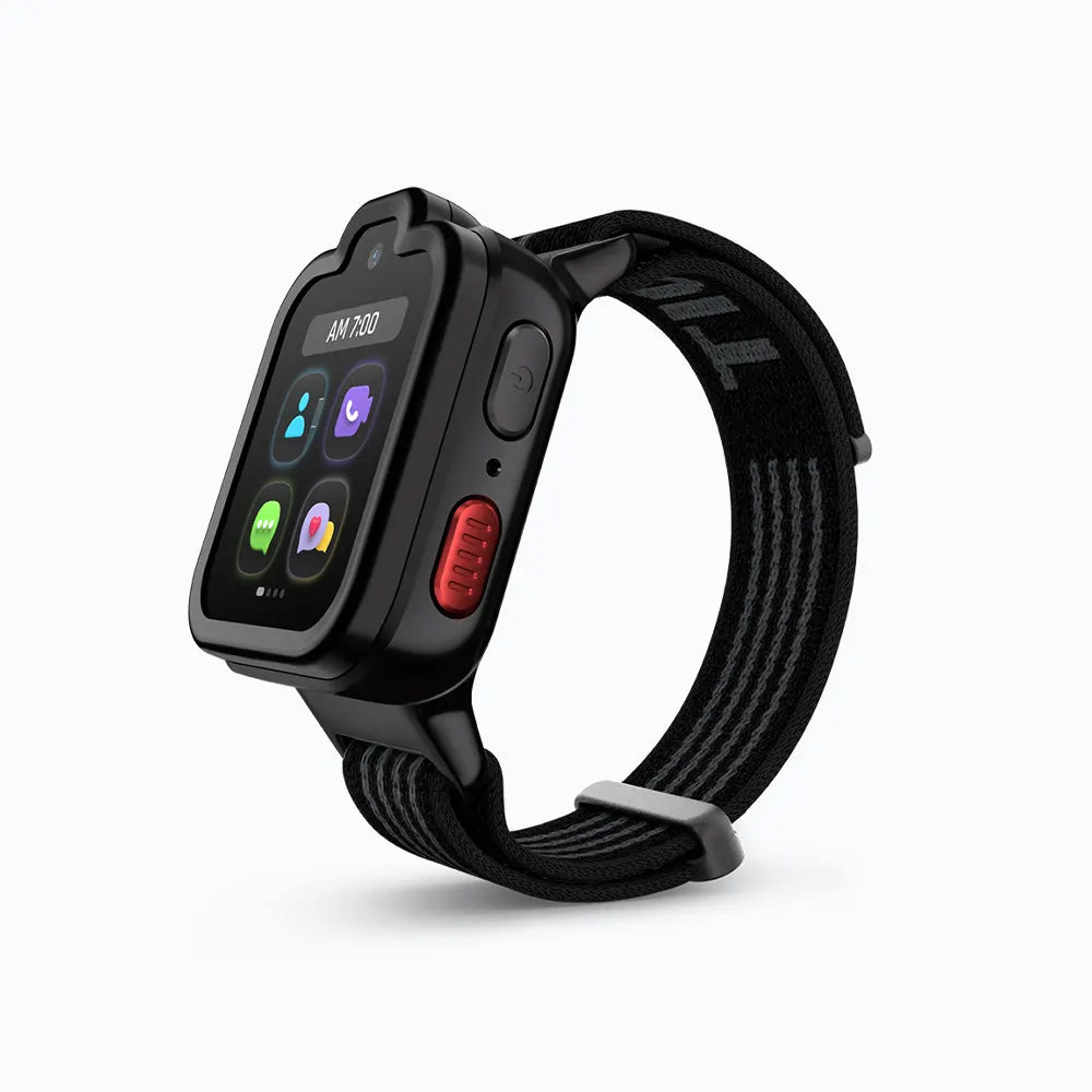 Orbit Black TickTalk 6 kids GPS smartwatch with a black band, three-quarter view. 