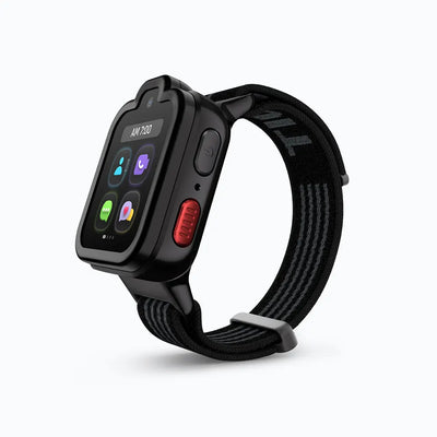 Orbit Black TickTalk 6 kids GPS smartwatch with a black band, three-quarter view. 