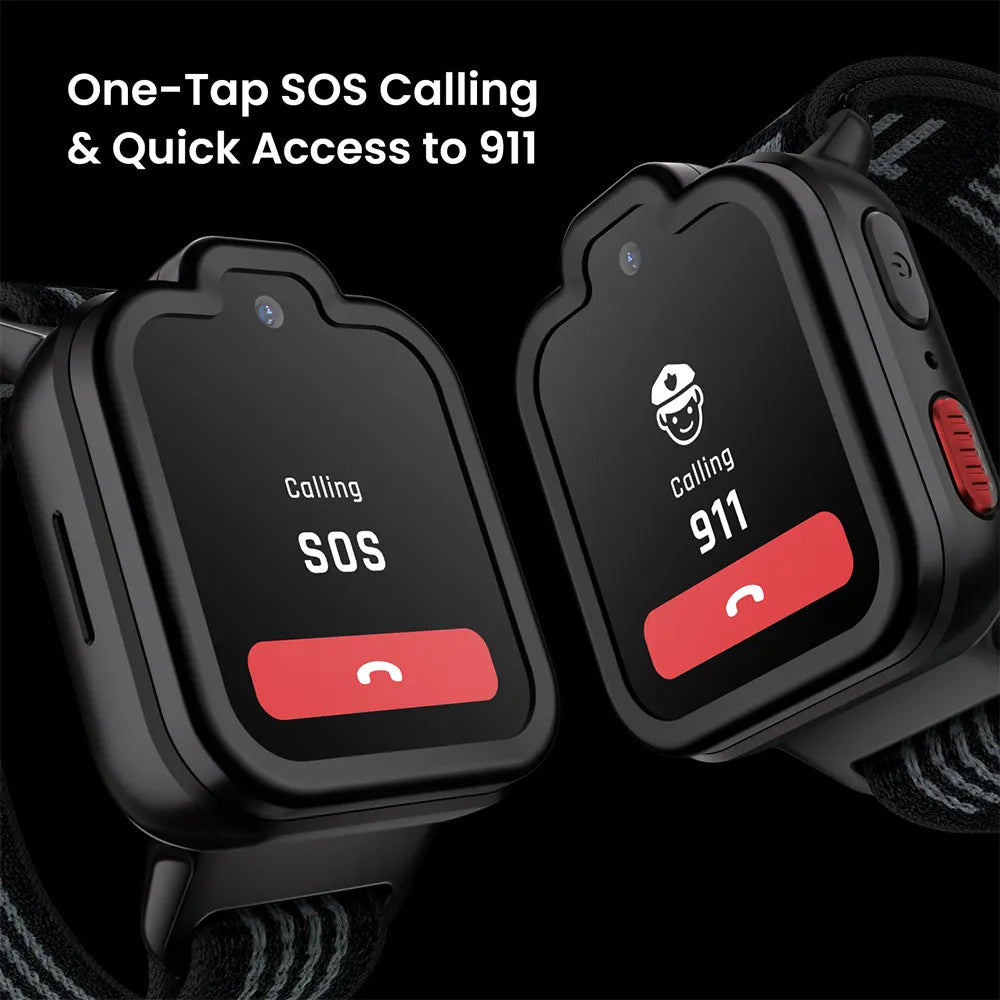 Orbit Black TickTalk 6 kids GPS watch showing SOS and 911 emergency calling. 