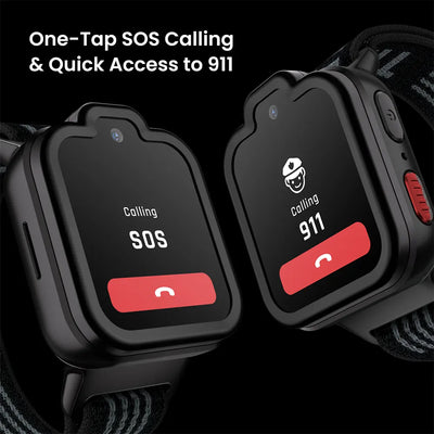 Orbit Black TickTalk 6 kids GPS watch showing SOS and 911 emergency calling. 