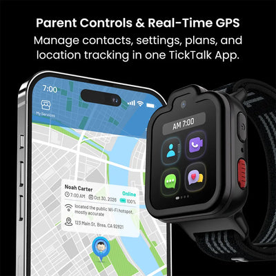 Orbit Black TickTalk 6 kids GPS watch and parent app with real-time tracking and parental controls. 