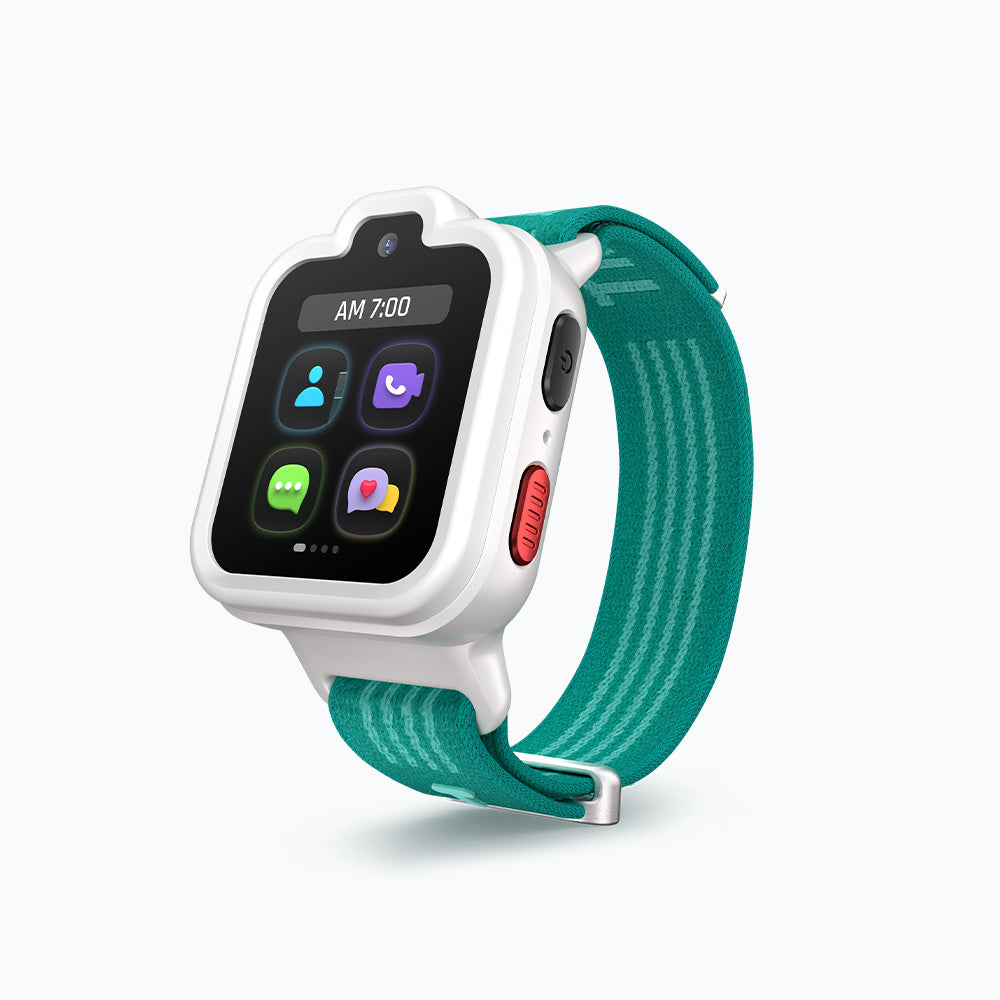 Lunar White TickTalk 6 kids GPS smartwatch with a teal band, three-quarter view. #color_lunar-white