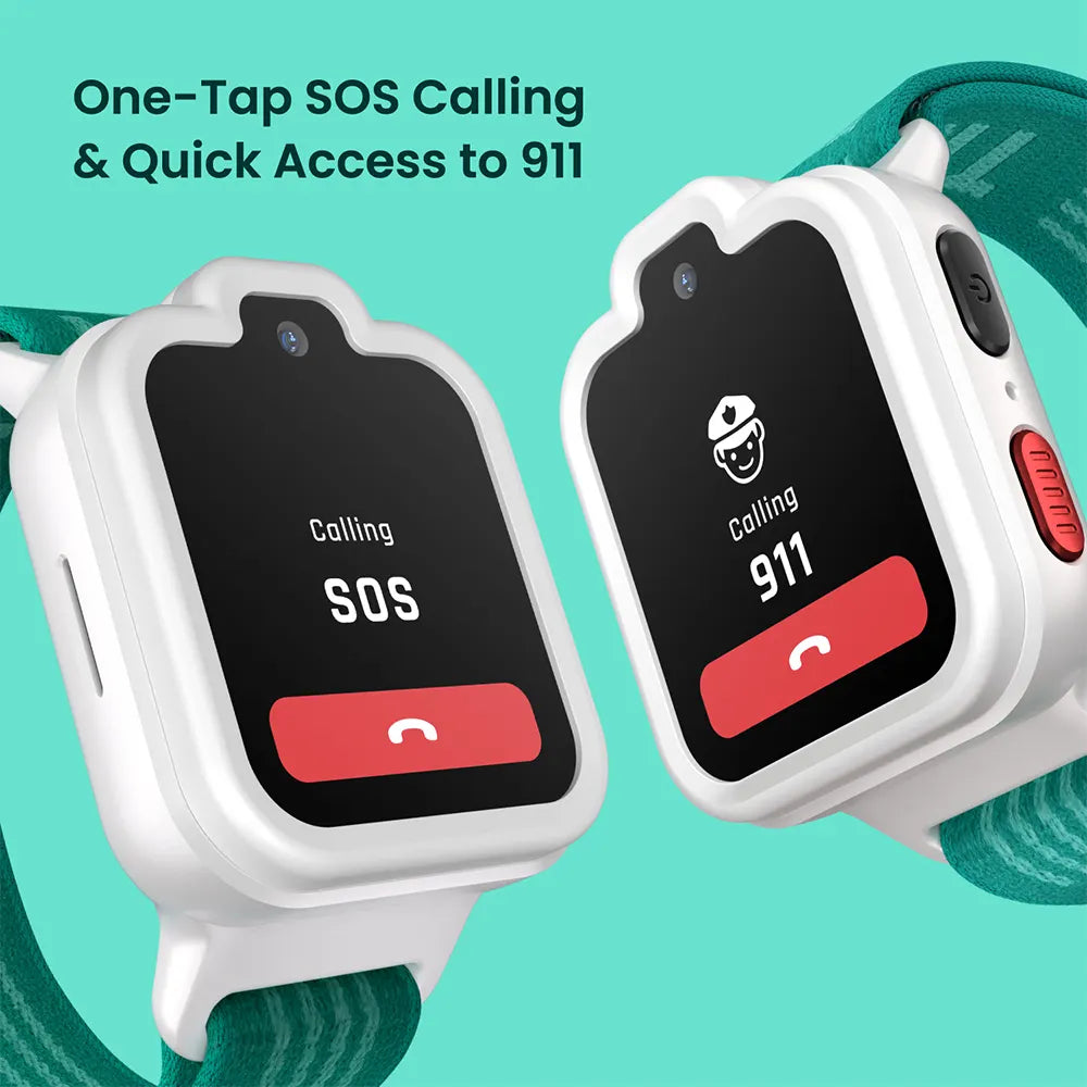 Lunar White TickTalk 6 kids GPS watch showing SOS and 911 emergency calling. 