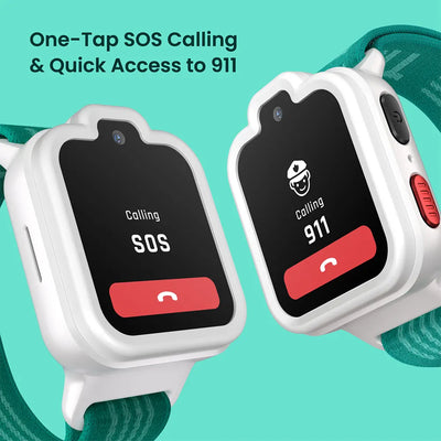 Lunar White TickTalk 6 kids GPS watch showing SOS and 911 emergency calling. 