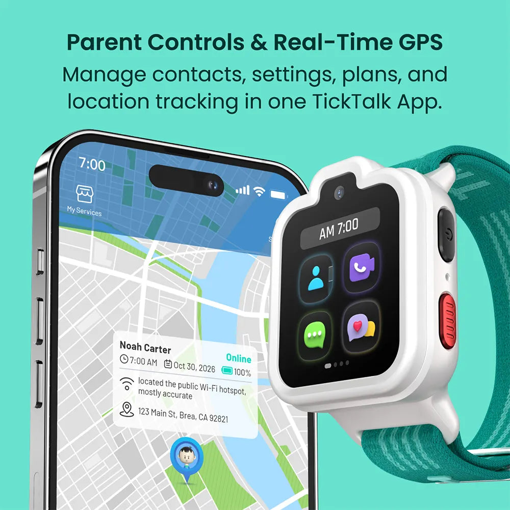 Lunar White TickTalk 6 kids GPS watch and parent app with real-time tracking and parental controls. 