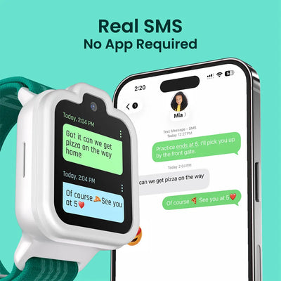 Lunar White TickTalk 6 kids phone watch with SMS texting to smartphones, no recipient app required. 