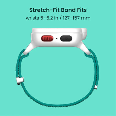 Lunar White TickTalk 6 kids smartwatch with a stretch-fit band for wrists 5 to 6.2 inches. 