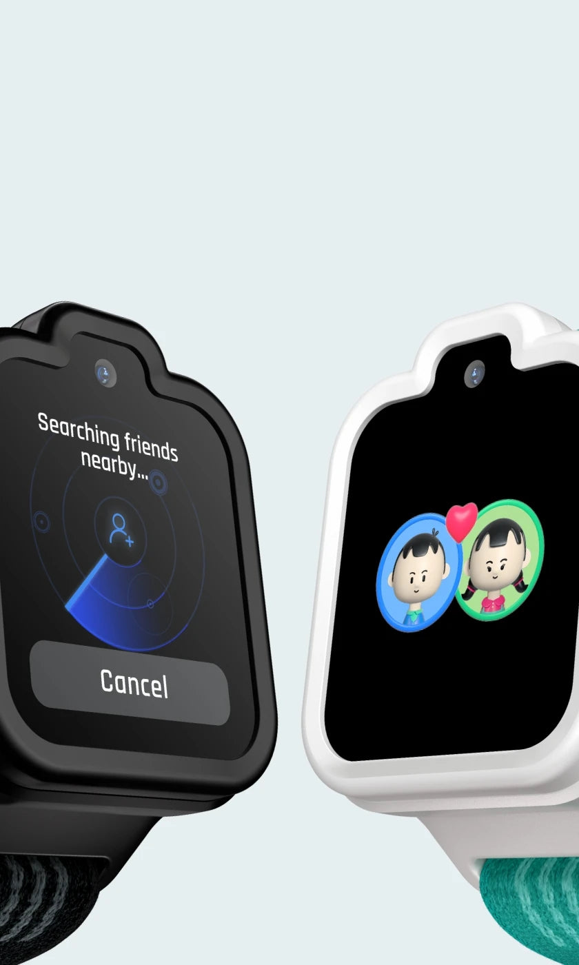 Two TickTalk 6 smartwatches displaying the add-friends pairing screens