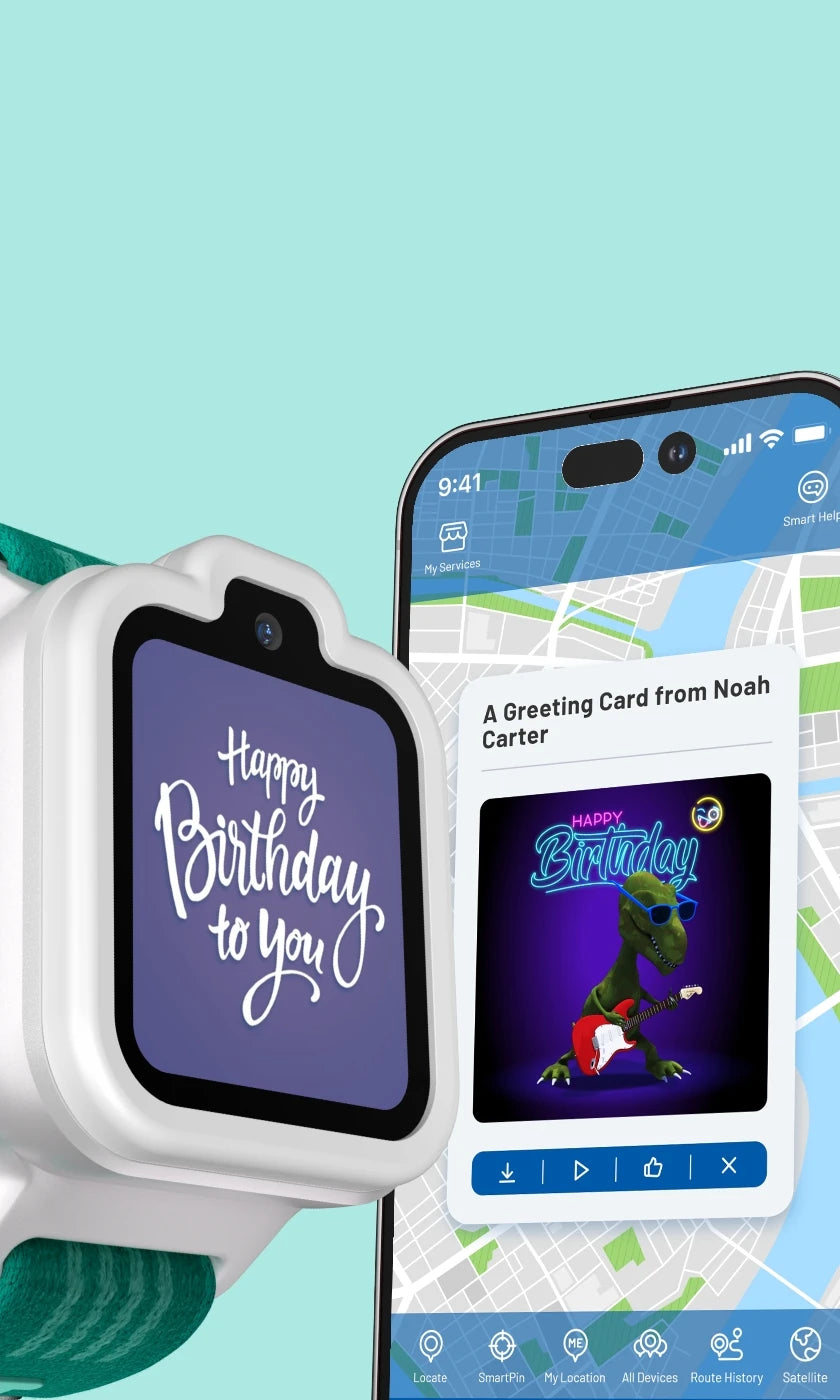 TickTalk 6 smartwatch and a phone displaying birthday greeting cards