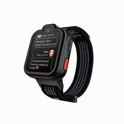 Black TickTalk 6 kids smartwatch displaying a family group chat. 