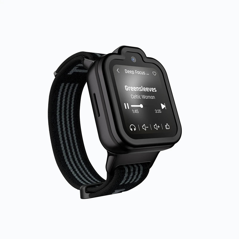 Black TickTalk 6 kids smartwatch displaying its music player. 