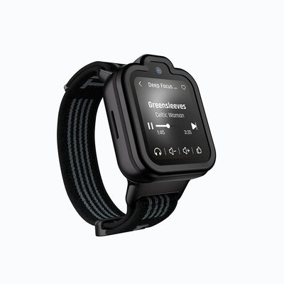 Black TickTalk 6 kids smartwatch displaying its music player. 