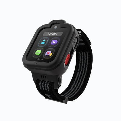 Black TickTalk 6 protective case installed on a kids smartwatch.
