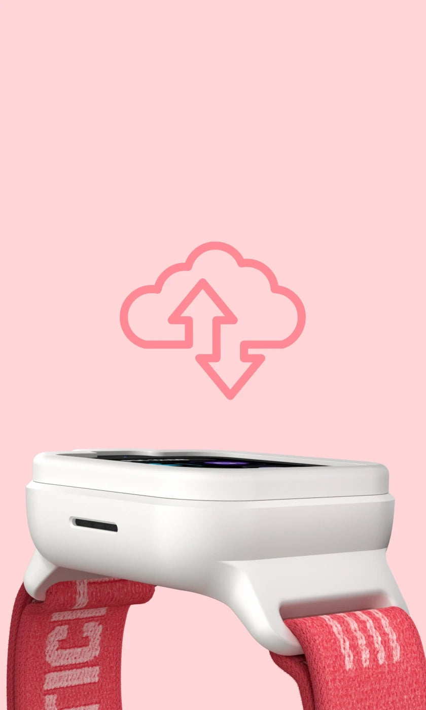 TickTalk 6 smartwatch with a cloud upload and download symbol