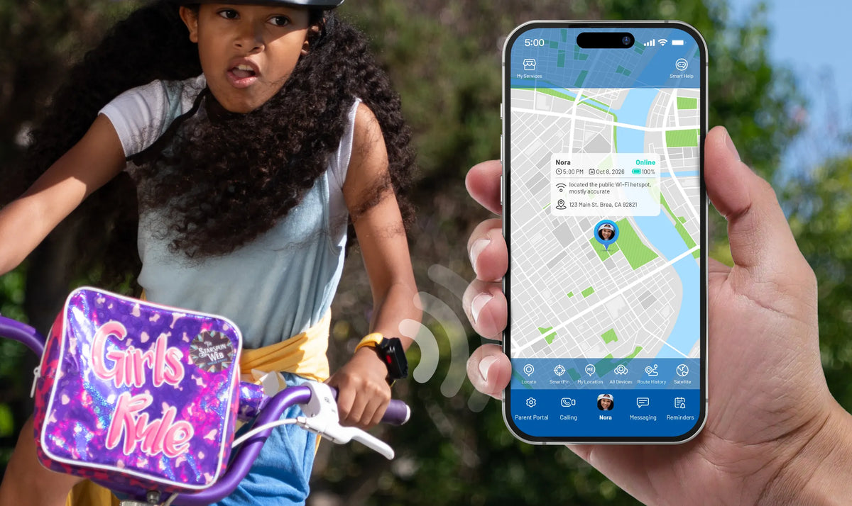 Parent using the TickTalk App to view real-time GPS tracking for a child wearing a TickTalk 6 GPS watch.