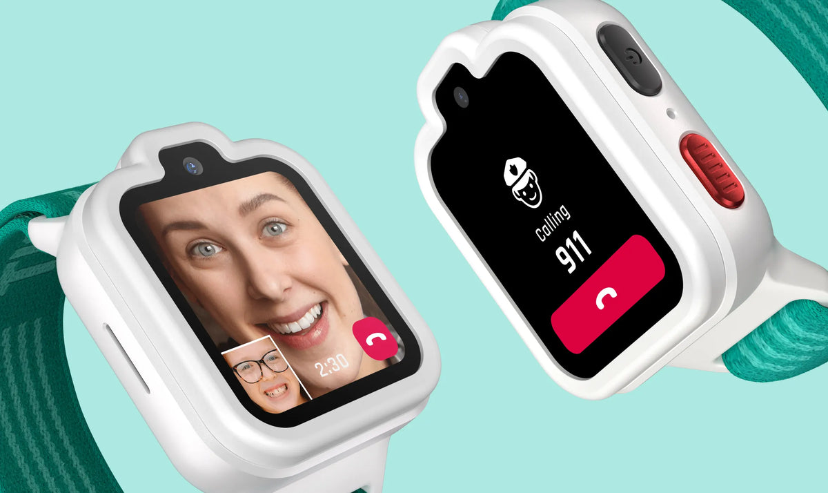 Two white TickTalk 6 kids GPS smartwatches displaying FaceTalk video calling and 911 emergency calling.