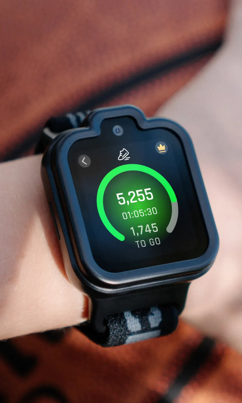 TickTalk 6 kids smartwatch worn on a wrist displaying a daily step count.