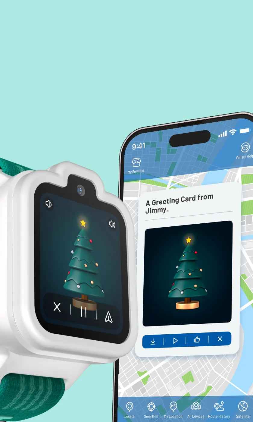 TickTalk 6 kids smartwatch and parent phone displaying animated birthday greeting cards.